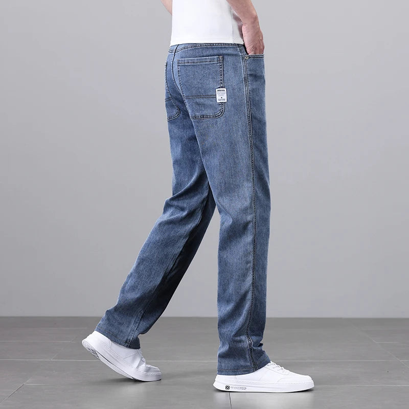 Ultra-thin Baggy Jeans Men's 2024 New Lyocell Soft Fabric Brand Casual Straight Stretch Vintage Denim Trousers Male