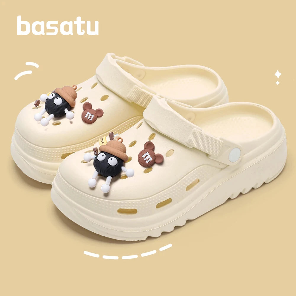BASATU Women Garden Clogs Thick Platform Sandals Hollow Out Sandals Solid Color Non-slip Soft Sole Beach Shoes Summer Slippers