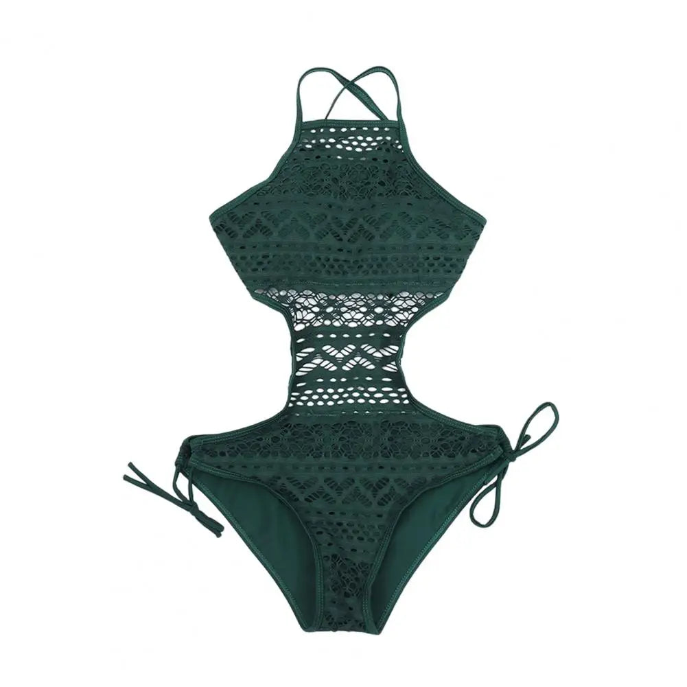 One-piece Swimsuit Halter Sleeveless Backless Monokini Slim Solid Color Criss-Cross Back Hollow Lace Bikini Vacation Swimwear