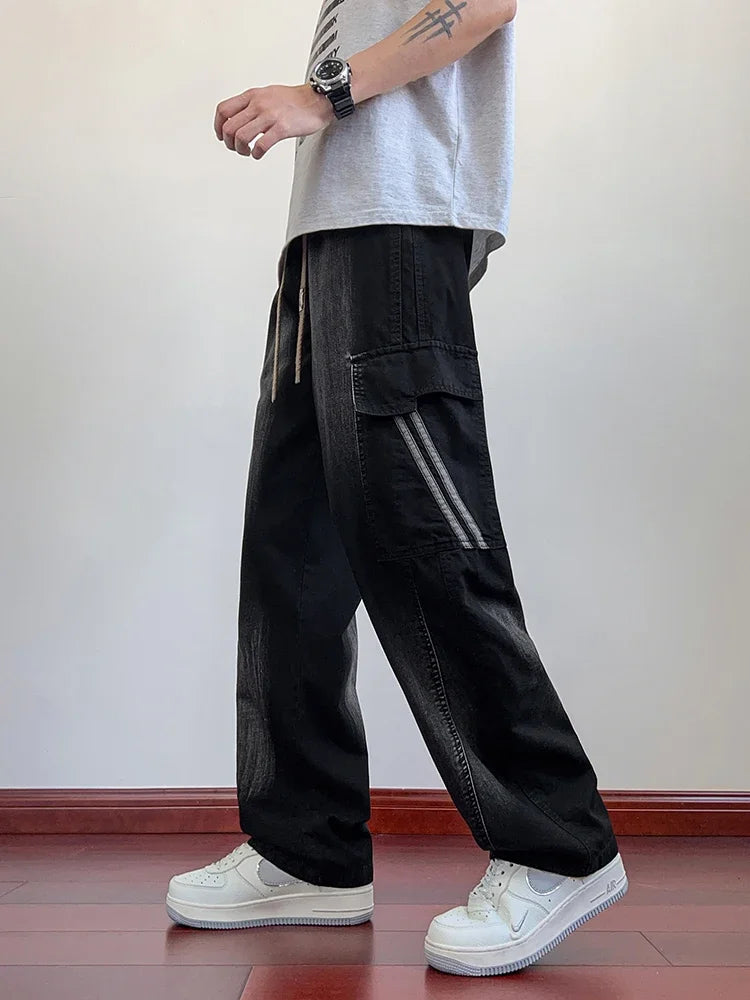 Summer men's jeans with flip pockets  thin and lightweight denim work pants  large size wide leg loose jeans  straight leg pants