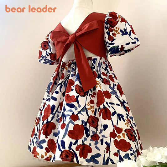 Bear Leader Girl Summer Dress Outfits 2023 New Girls Floral Princess Dress Backless Tie Bow Puff Sleeve Fashion Dress for 3-11 Y