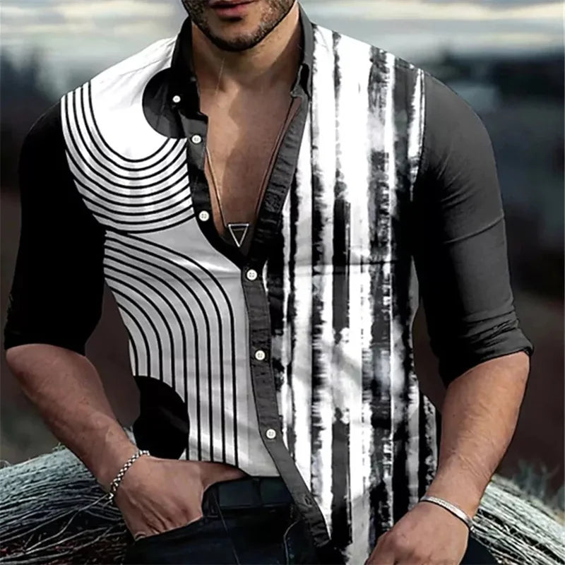 Long sleeved men's Hawaiian shirt beach social 2024 lining high-end men's shirt 3D printed shirt black and white opposition clas