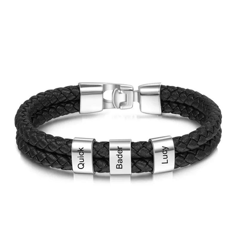 Custom Family Names Beads Bracelet Men Personalized Engraved Bracelets Black Leather Stainless Steel Bracelet Father's Day gift