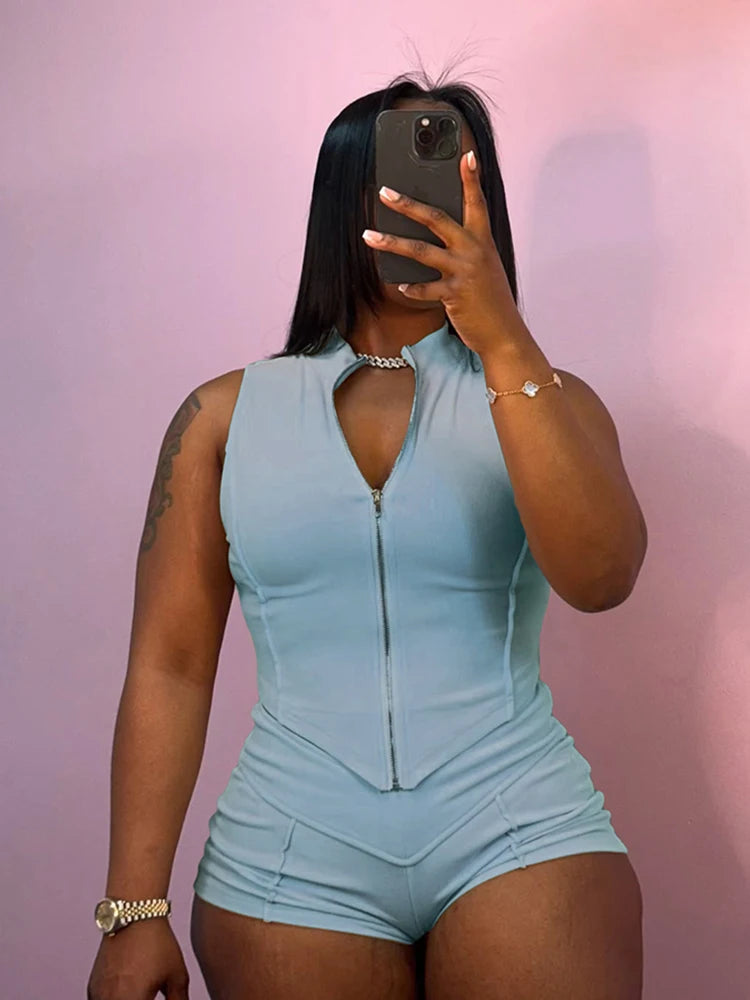 kliou Casual Summer Women Shorts Set Solid Active Irregular Zip-up Tank Tops+Stretch Bottoms Mujer Basic Matching Street 2 Piece