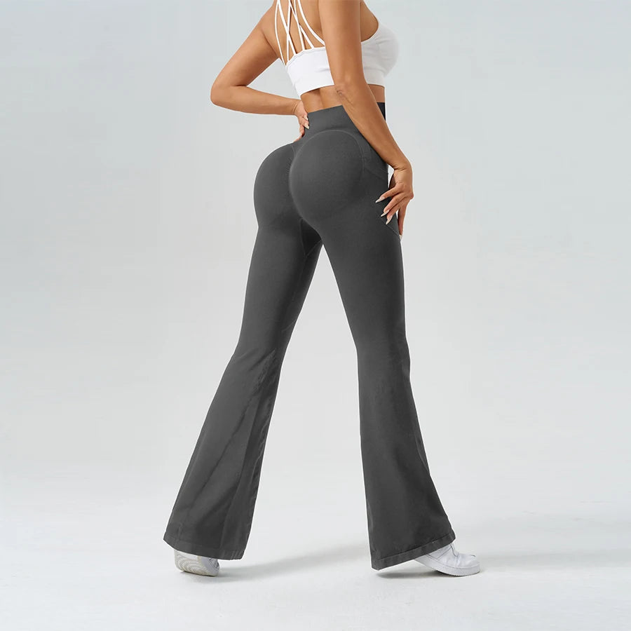 Flared Yoga Pants Women High Waist Bell Bottom Leggings Seamless Trousers w/Pockets Retro Gym Fitness Athleisure Wide Leg Pants