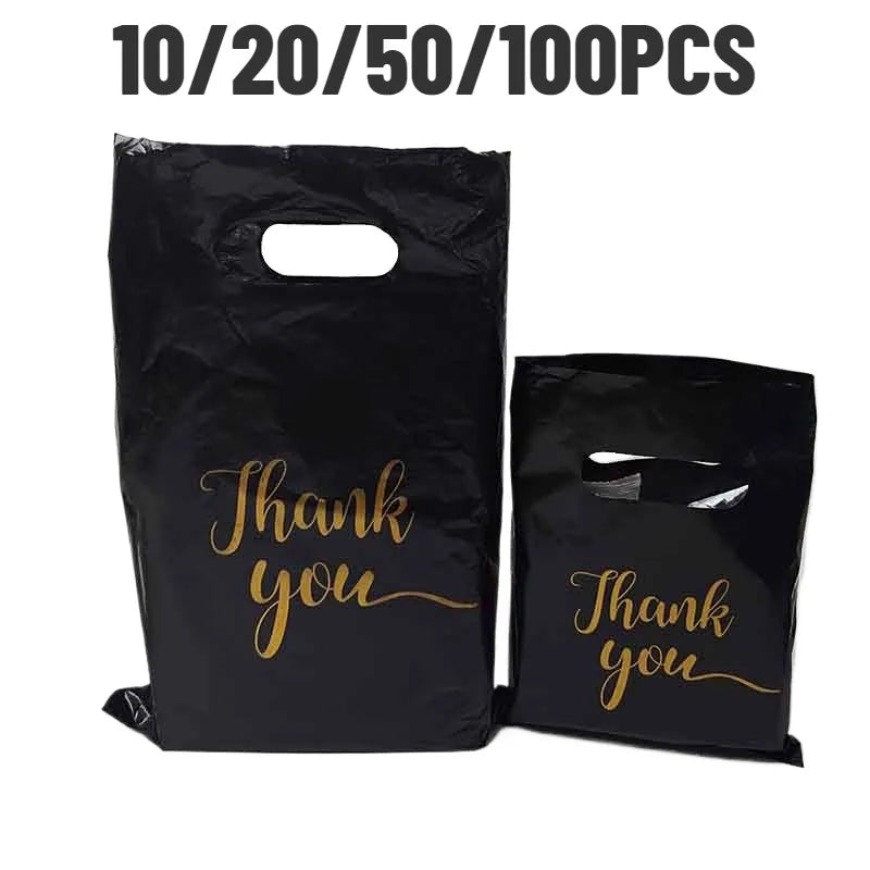 10/20/50/100PCS Black Gift Handbag Thank You Gold Print Party Anniversary Christmas Mother's Day Father's Day Shopping Gift Bag