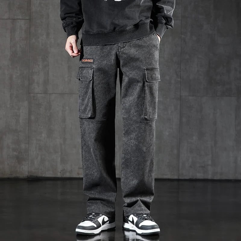 New Men's Loose Cargo Jeans Outdoor Paratrooper Straight Pants Fashionable Stretch Loose Wide Leg Pants Large Size 4XL 5XL