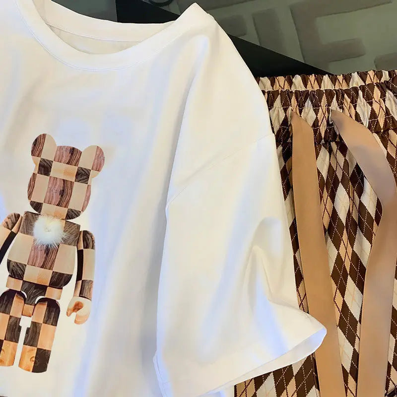 2 Piece Set for Women 2023 Summer Korean Fashion Bear Printed High Waist Wide Leg Pants Loose Short Sleeve T Shirt Women Clothes