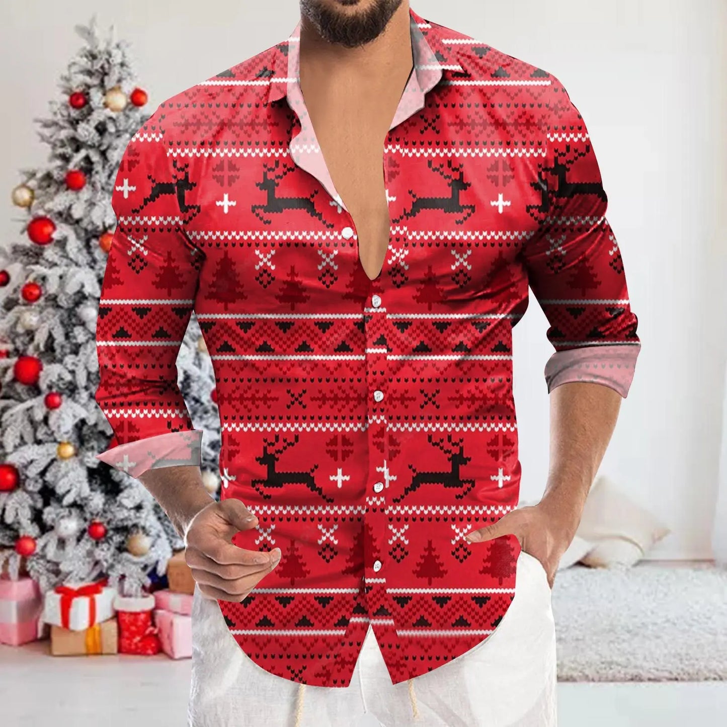 Men's Shirt Merry Christmas Print Long Sleeve Shirt For Men Vacation Party Luxury Y2k Hawaiian Smooth Clothes Streetwear Blouse