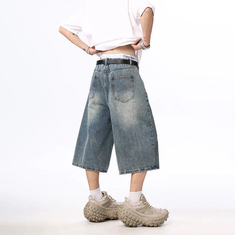 Summer New Mens Oversized Wide Shorts Lightning Cracked Y2k Baggy Jeans Washed Streetwear Fashion Loose Calf-length Denim Pants
