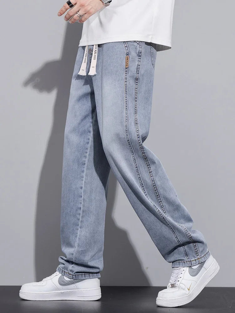 Pop Drawstring Summer Jeans Men's Lyocell Soft Quality Pants Stretch Waist Straight Casual Baggy Denim Trousers Streetwear