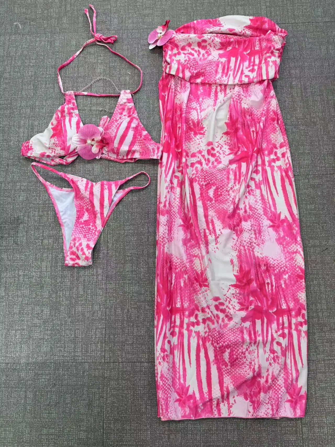 2025 New Flower Print 3Pc Sexy Bikini Set With Cover Up Swimsuit Women Swimwear Female One shoulder Bathing Suit Beachwear