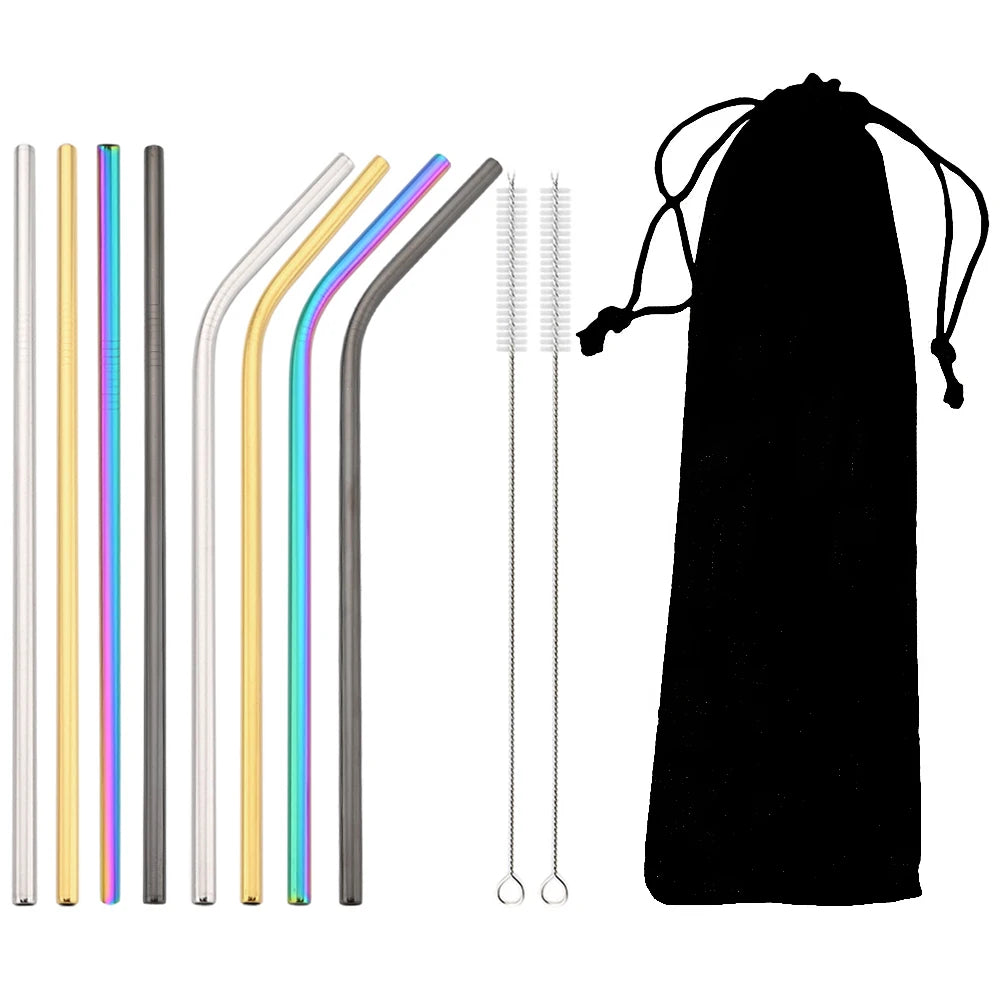 Colorful Reusable Drinking Straw Metal Straws 304 Stainless Steel Straws Set with Brush Bar Cocktail Straw for Glasses Drinkware
