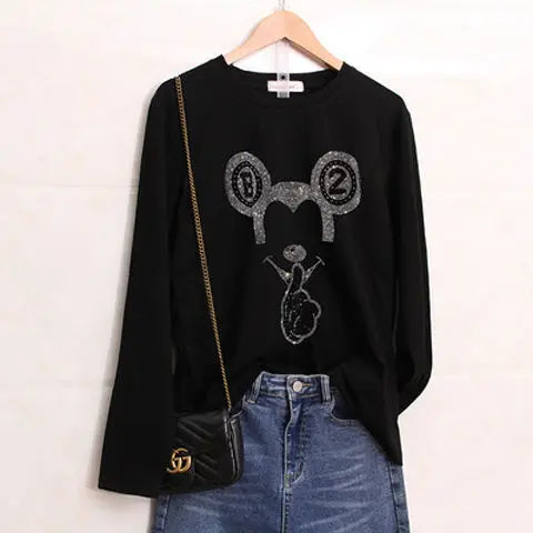 Glitter T Shirts for Women Korean Fashion Sequin Clothing Black Clothes Aesthetic Woman T-shirt  Rhinestone Streetwear Top Loose