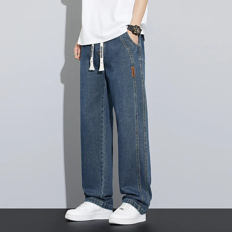Summer work jeans men's street fashion denim jogging pants men's loose harem jeans, loose straight wide-leg jeans