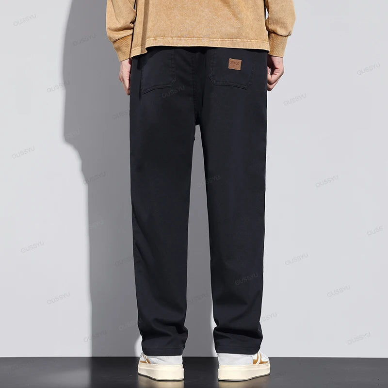 All Seasons Soft Lyocell Fabric Men's Pants Loose Straight Drawstring Elastic Waist Korea Casual Trousers Plus Size M-4XL