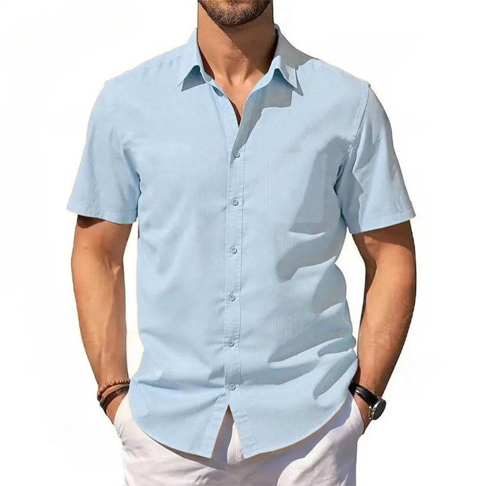 Mens Short Sleeve Shirt Summer New Cotton Linen T-shirt S Lightweight Breathable Beach Tops Turn Down Collar Casual Button Up