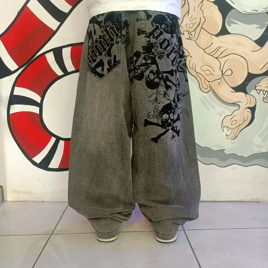 New American Retro Southpole Men Jeans Skull Print Loose Jeans Couple Harajuku Gothic Hip-Hop Straight Wide-Leg Pants