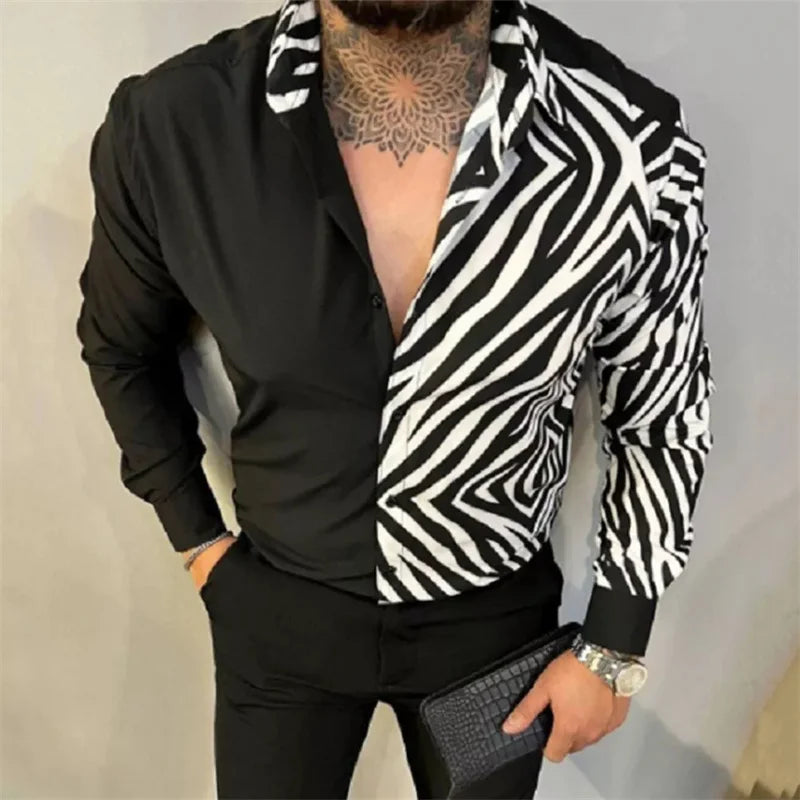 Long sleeved men's Hawaiian shirt beach social 2024 lining high-end men's shirt 3D printed shirt black and white opposition clas