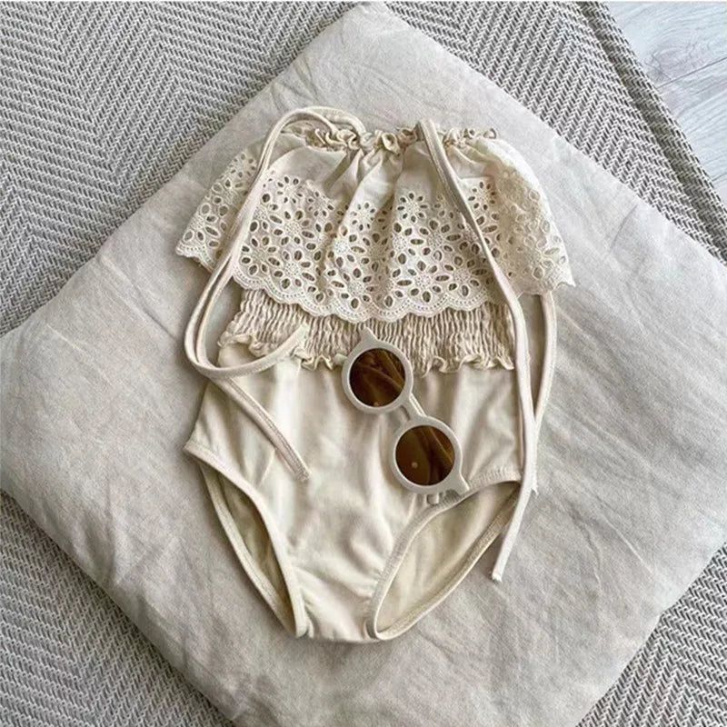 deer jonmi 2025 Summer Korean Style Baby Girls Swimsuits Lace Hollow Out Toddlers Kids Beach Vacation Bikini Children Swimwear