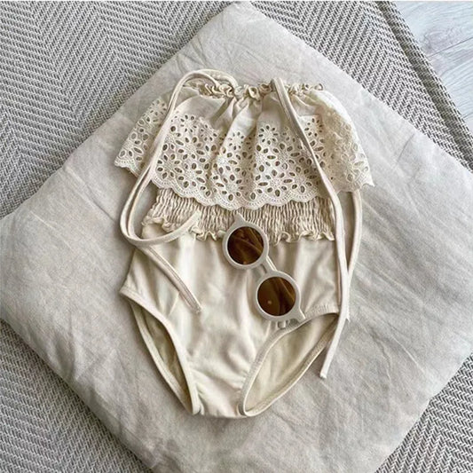 deer jonmi 2025 Summer Korean Style Baby Girls Swimsuits Lace Hollow Out Toddlers Kids Beach Vacation Bikini Children Swimwear