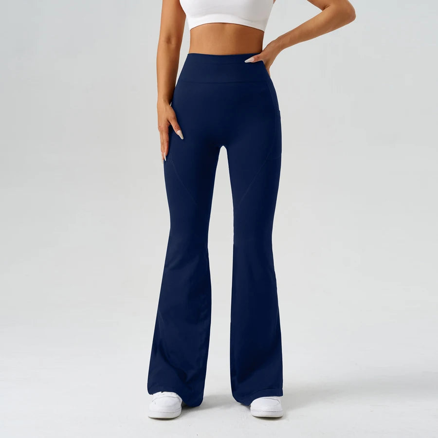 Flared Yoga Pants Women High Waist Bell Bottom Leggings Seamless Trousers w/Pockets Retro Gym Fitness Athleisure Wide Leg Pants