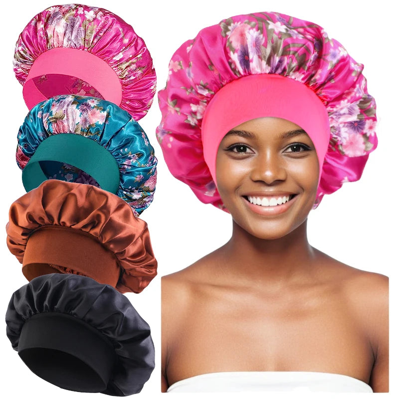 4PCS/LOT Satin Wide Brim Floral Nightcap Bonnet Hair Wrap Night Sleeping Sleep Cap Elastic Soft Band Hair Care Shower Hat