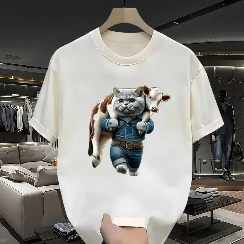 2024 New Super Cute Cat European and American Fashion Short sleeved Women's Essential Cartoon Print T-shirt Exquisite Gift