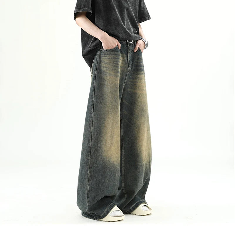 Men Denim Pants Old Blue Washed Male Jeans Straight Casual Menwear Loose Wide Leg Trousers New Fashion Korean High Street Denim
