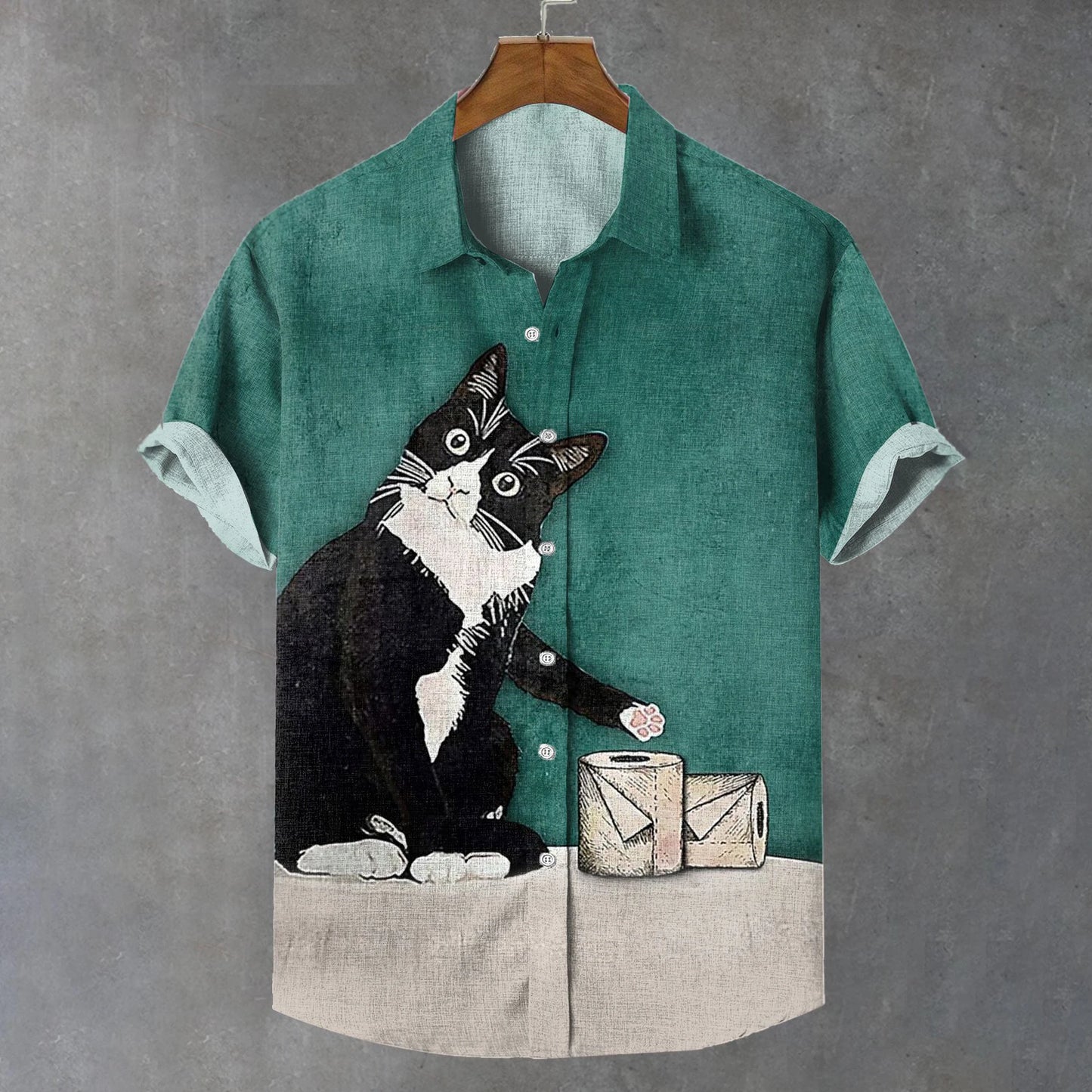 Summer Men's Shirt Animal Pattern Print Cat Shirts Casual Short Sleeve Streetwear Fashion Male Oversized Clothing Cardigan Top