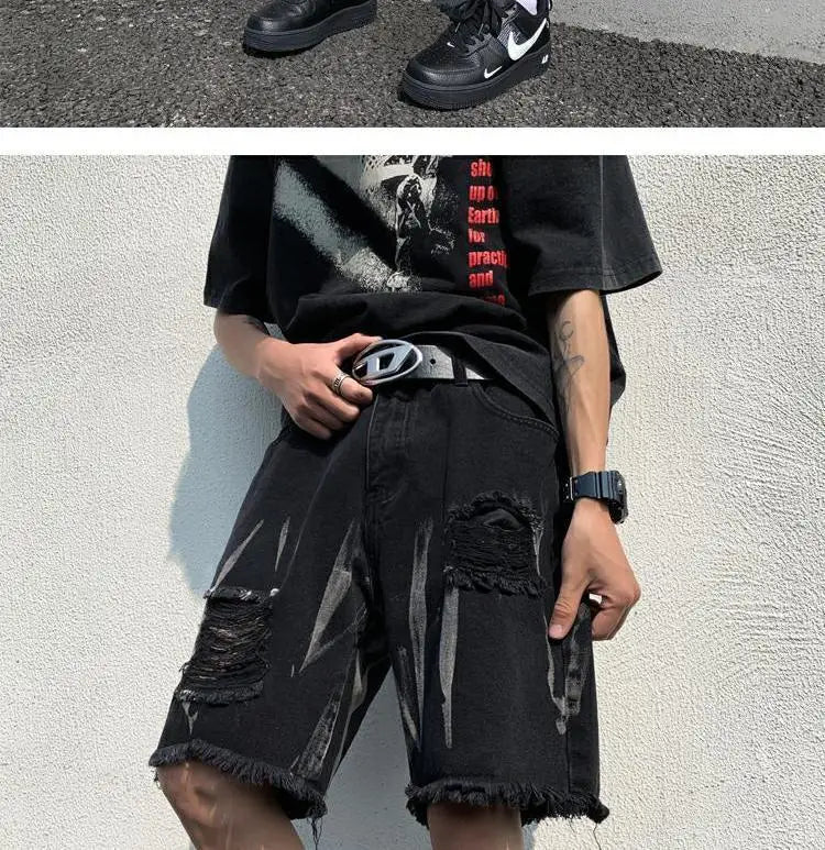 Tie-dye Furnished Denim Shorts Men's Ripped High Street Design Over-the-knee Five-point Pants
