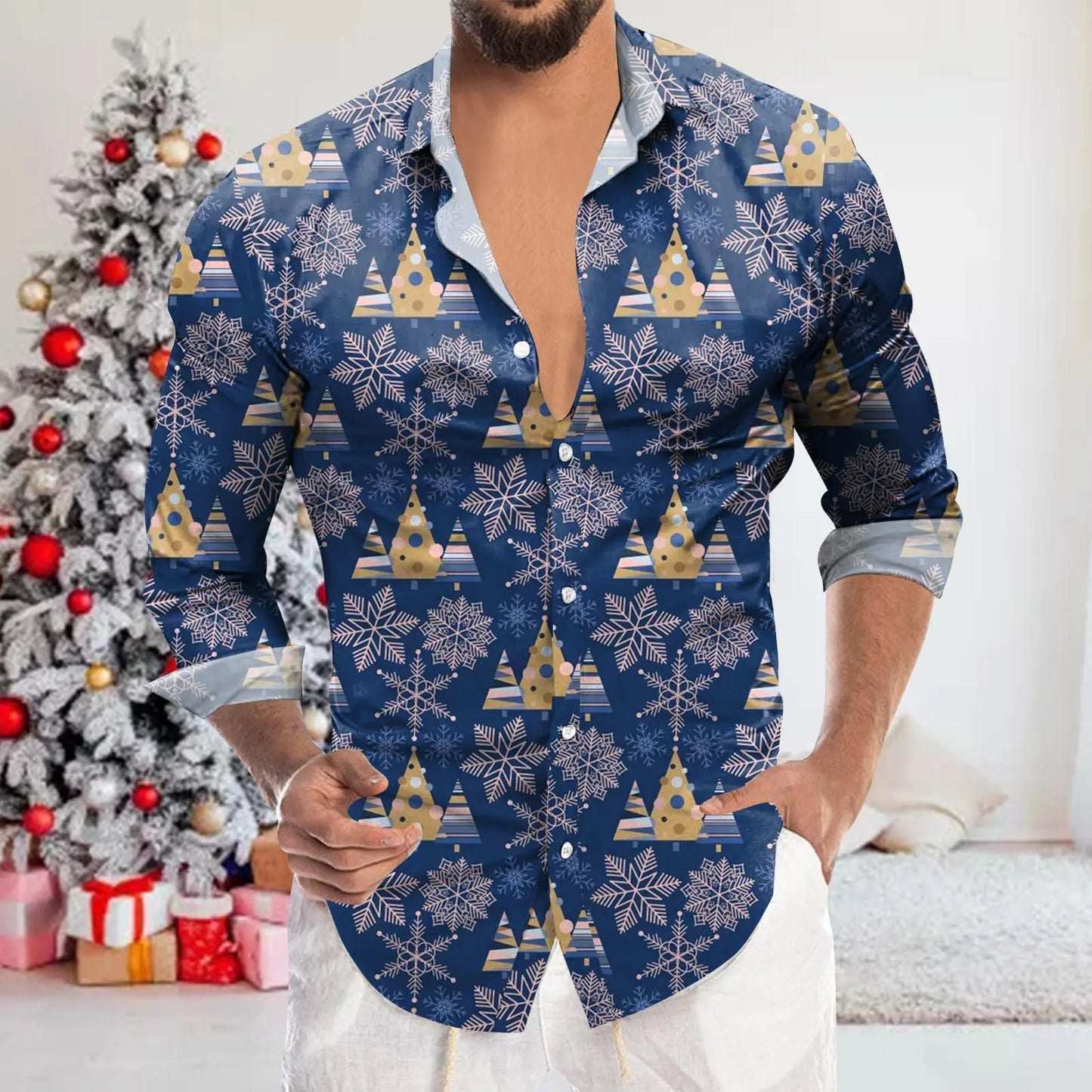 Men's Shirt Merry Christmas Print Long Sleeve Shirt For Men Vacation Party Luxury Y2k Hawaiian Smooth Clothes Streetwear Blouse