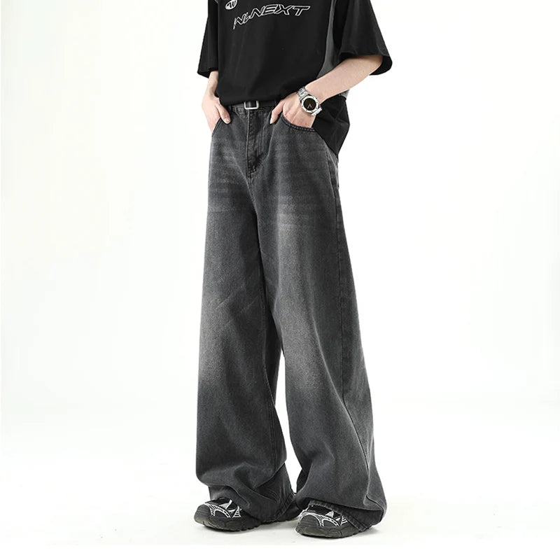 Men Denim Pants Old Blue Washed Male Jeans Straight Casual Menwear Loose Wide Leg Trousers New Fashion Korean High Street Denim