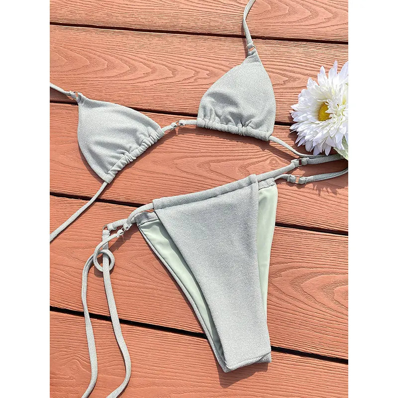 Triangle Swimwear Shiny Bikinis Halter Swimsuit Women Solid Color Bikini Set Micro Thong Two Piece Beachwear Newest Swimsuits