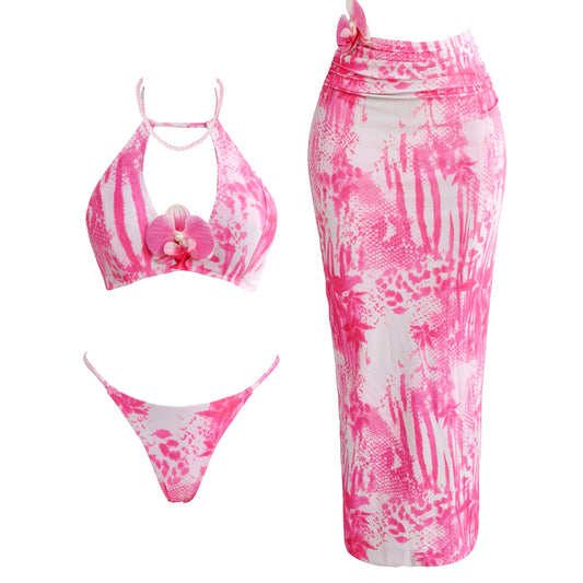 2025 New Flower Print 3Pc Sexy Bikini Set With Cover Up Swimsuit Women Swimwear Female One shoulder Bathing Suit Beachwear