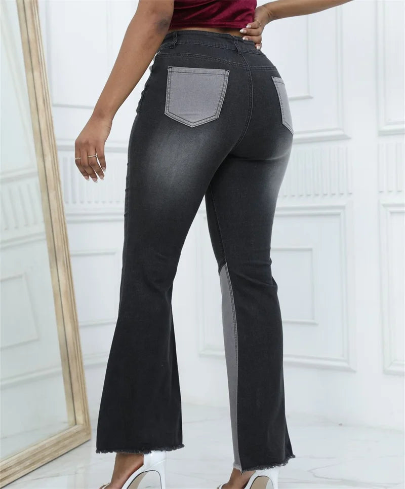 Fashion High Waist Washed Flared Jeans Women Casual Commuter Wide Leg Denim Pants Female Chic Colour Blocking Patchwork Trousers
