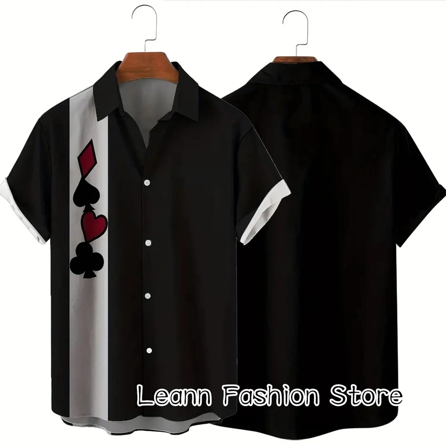 Men Summer Poker Symbol Stripe Print Shirt Casual Beach Short Sleeve Clothing Male Button Lapel Collar Fashion Leisurewear