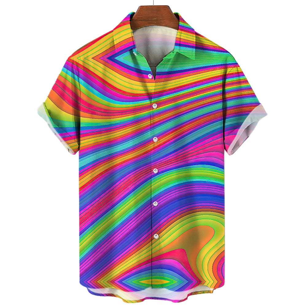 Summer Oversized Romantic Men'S Shirt Rainbow Pattern Fashion Short Sleeve Print Top Simple High Quality Street Loose Hawaiian