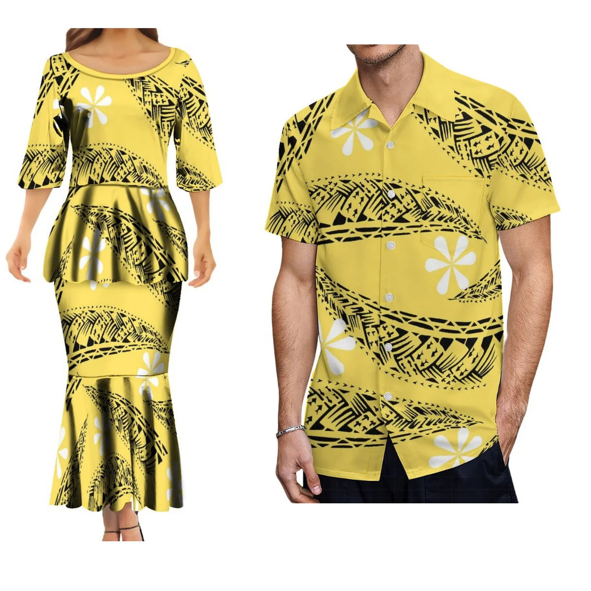 Polynesian Tribes Print Family Matching Clothing Couple Clothing Samoan Dress Puletasi Suit And Plus-Size Men'S Shirt