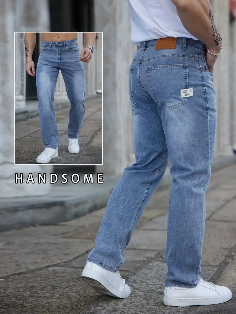 2025 Summer Thin Men's Stretch Baggy Jeans  Elastic Waist Embroidery Business Casual Straight Denim Trousers Classic Style Male