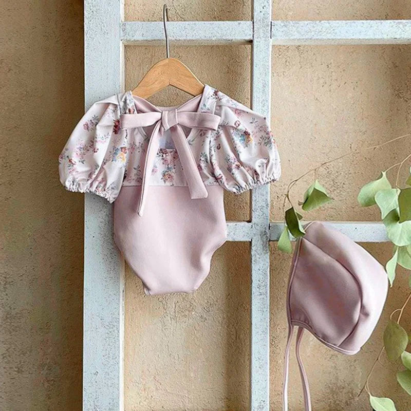 2024 New Summer Infant Baby Girls Swimsuit+Hat 0-3Yrs Kids Swimwear Toddler Baby Girls Beachwear Short Sleeved Printing Rompers