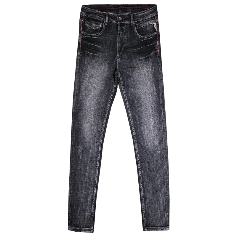 Italian Style Fashion Men Jeans Retro Black Gray Slim Fit Ripped Jean Men Stretch Trousers Vintage Designer Casual Denim Pants