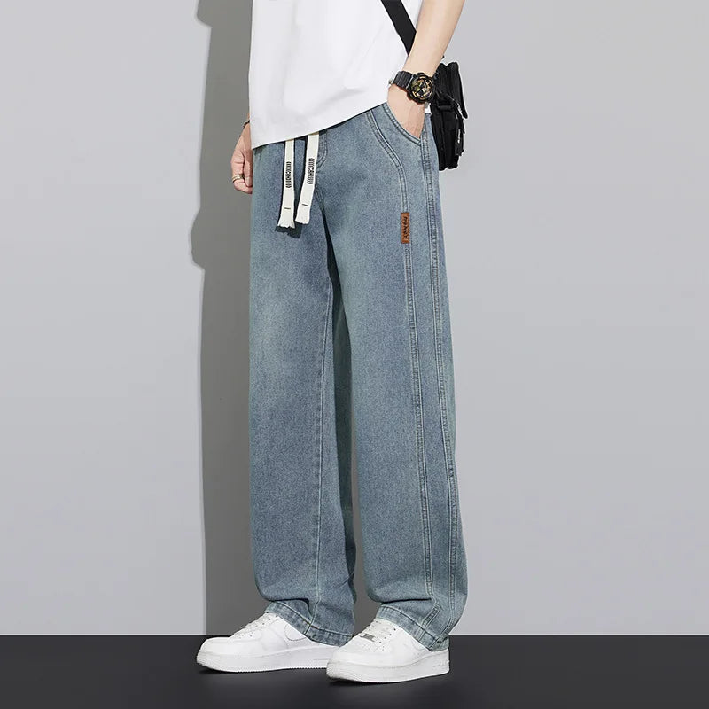 Summer work jeans men's street fashion denim jogging pants men's loose harem jeans, loose straight wide-leg jeans