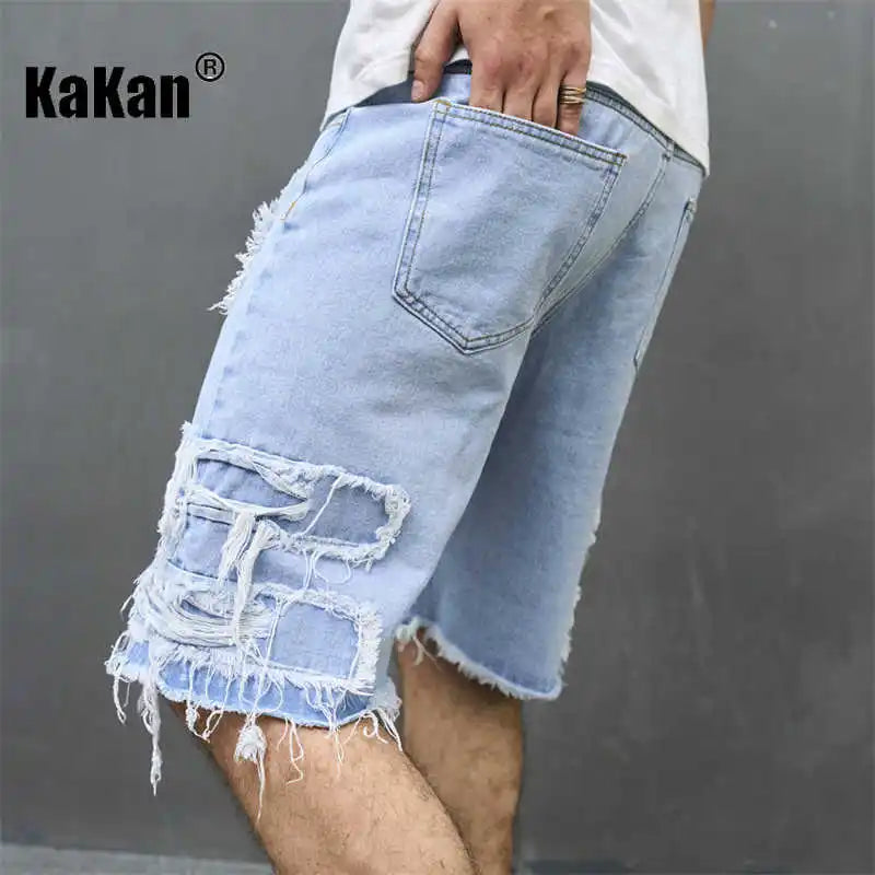 Kakan - New European and American Distressed Tassel Jeans for Men, Blue Casual Shorts and Capris K9-519