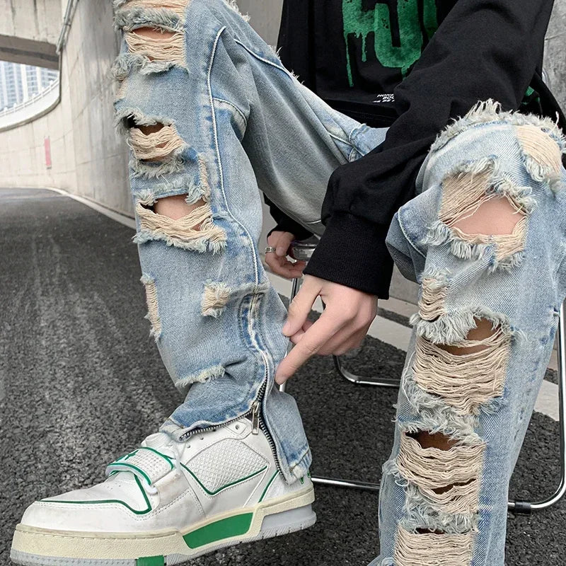 Men Summer Big Ripped Tassel Fashion Jeans Male Breathable Streetwear Baggy Hip Hop Distressed Denim Pants Y2k Goth Trouser