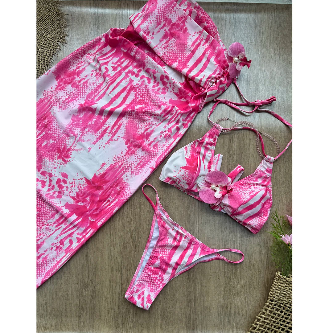 2025 New Flower Print 3Pc Sexy Bikini Set With Cover Up Swimsuit Women Swimwear Female One shoulder Bathing Suit Beachwear