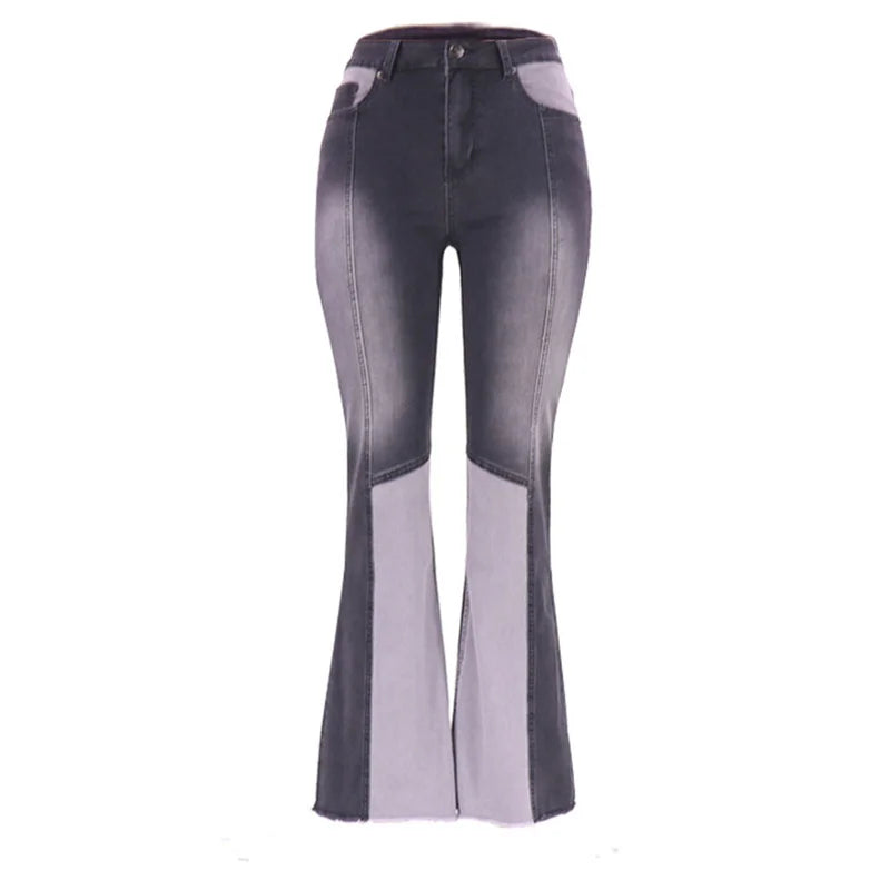 Fashion High Waist Washed Flared Jeans Women Casual Commuter Wide Leg Denim Pants Female Chic Colour Blocking Patchwork Trousers
