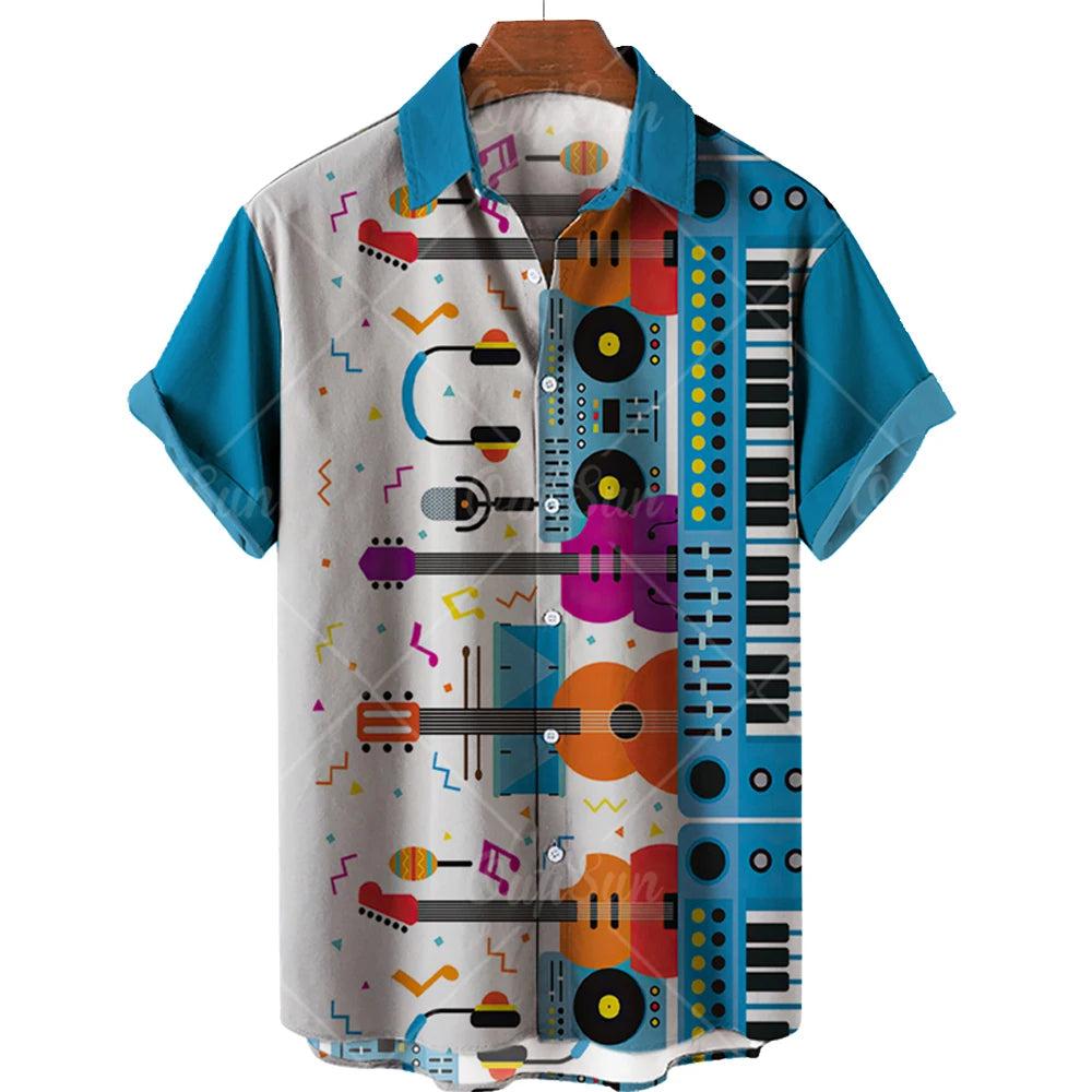 Men's Hawaiian Shirts For Men Casual Musical Instruments 3D Printed Shirts Loose Short-sleeve Beach Blouses Tops Camicias homme