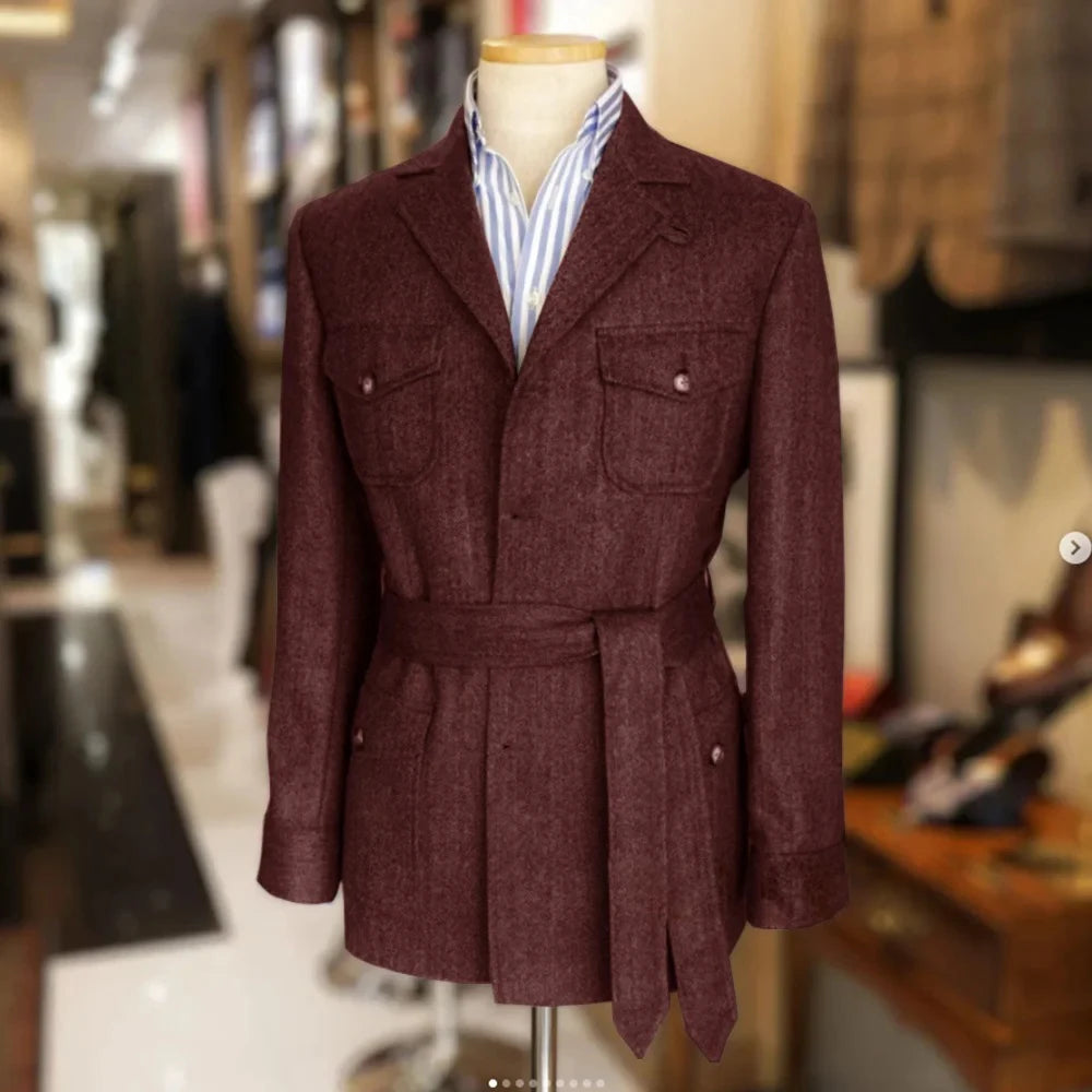 Only jacket 1 PCS Men Coat With Belt Vintage Tweed Hunting Casual Hunting Casual Men's Blazer Single Breasted Stylish