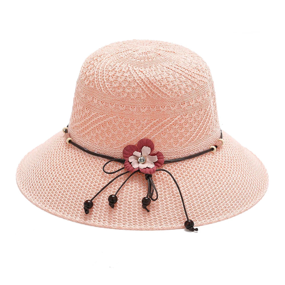 2024 Summer Women Bow Flowers Straw Hat Outdoor Sun Sunscreen Collapsible Beach Hat